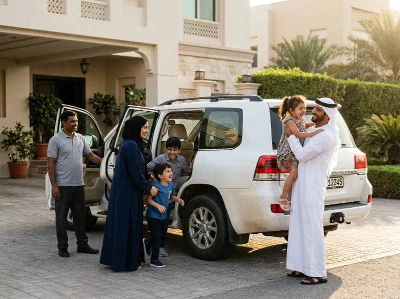 Family boarding a private 4x4 vehicle at their residence for a private family desert safari in Abu Dhabi