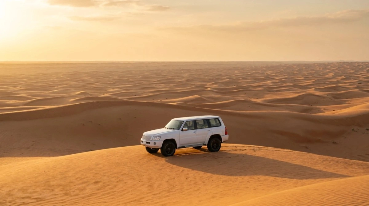 A single white Land Cruiser parked on a dune ridge above open desert