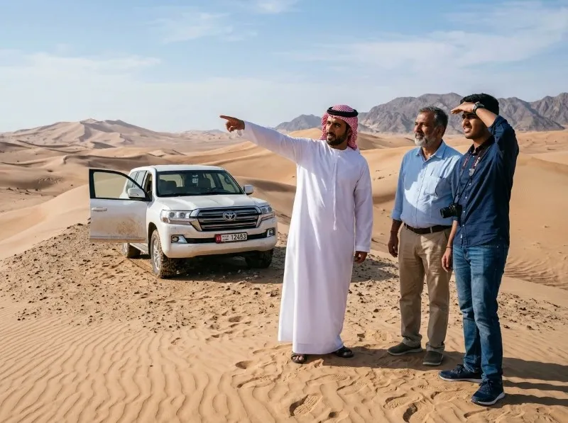 Private guide showing guests the morning dunes beside their own 4x4 on a private morning desert safari in Abu Dhabi