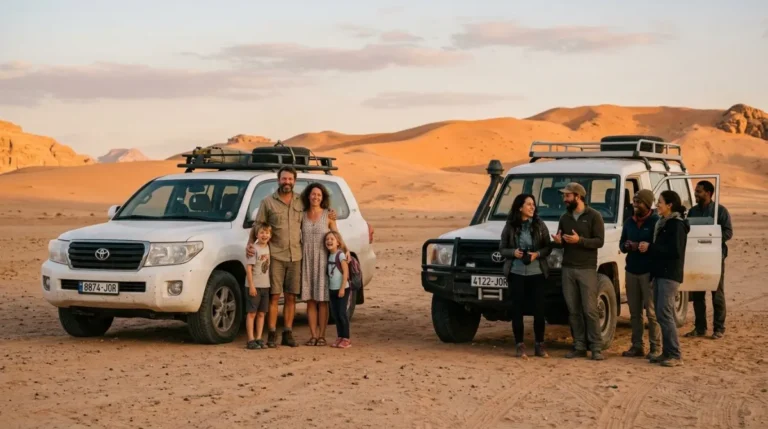 A private car and a shared 4x4 side by side before an Abu Dhabi desert safari