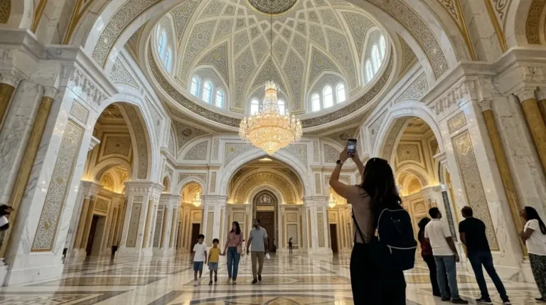 Visitors beneath the vast white and gold dome inside Qasr Al Watan