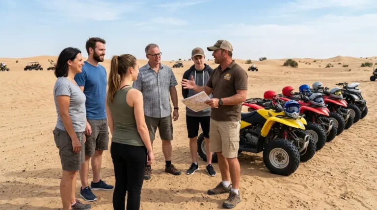 A guide giving a quad bike safety briefing to guests before they ride at an Abu Dhabi desert camp