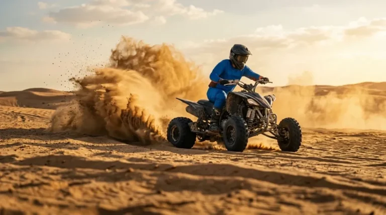 Rider on a quad bike kicking up sand on the marked desert track