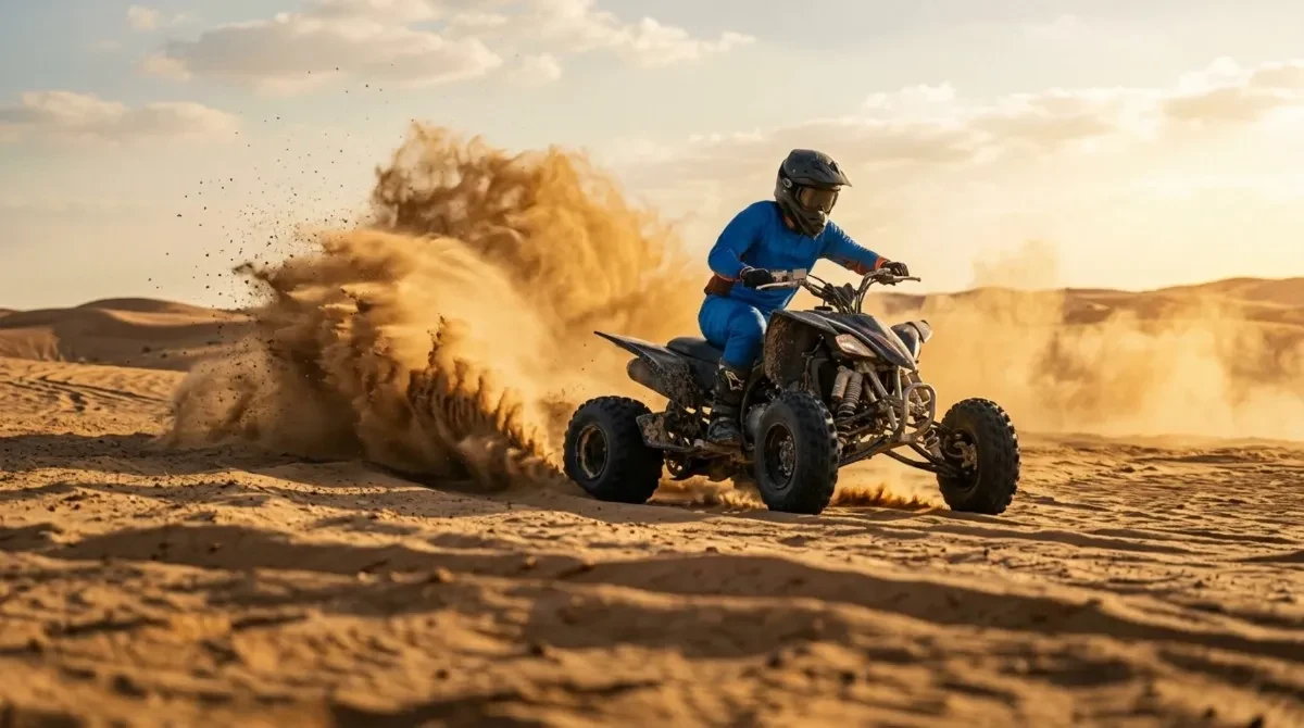 Rider on a quad bike kicking up sand on the marked desert track