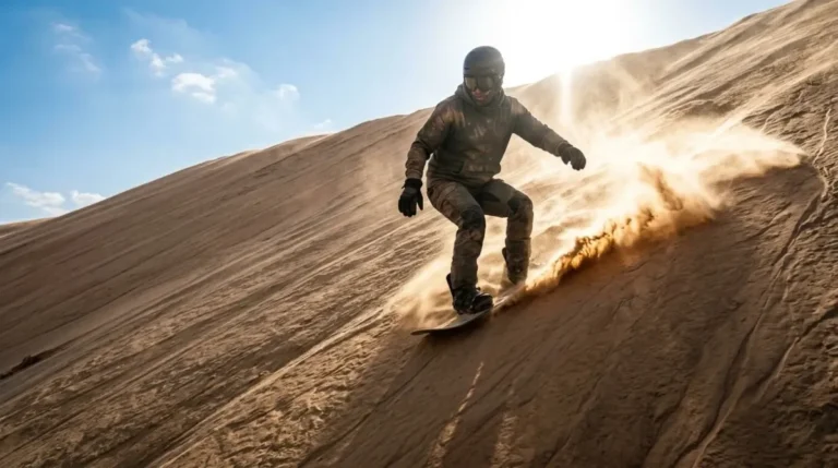 Sandboarder riding down a steep dune slope in bright sun