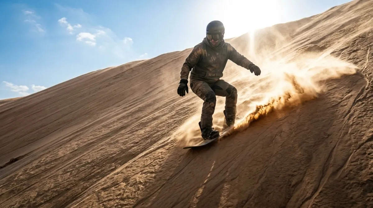 Sandboarder riding down a steep dune slope in bright sun