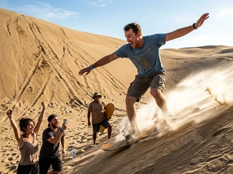 Guest sandboarding down a steep dune while friends watch on a sandboarding tour in Abu Dhabi