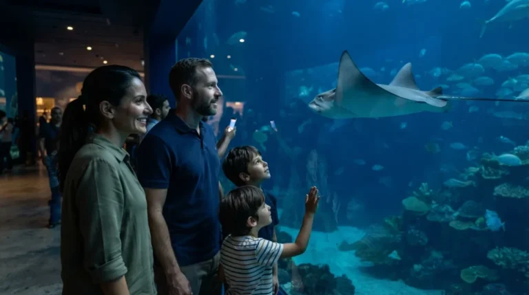 A family at the vast aquarium window at SeaWorld Yas Island