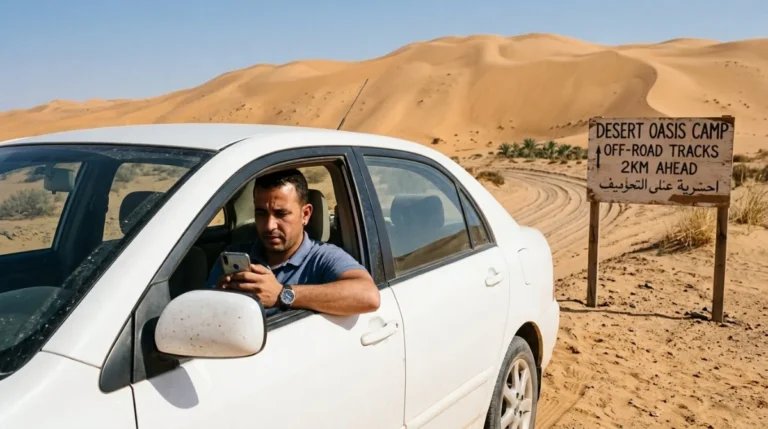 A driver checking directions beside his car on the graded track to the Al Khatim desert camp