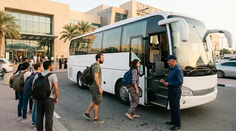 Guests boarding the shared coach in Abu Dhabi for the evening desert safari