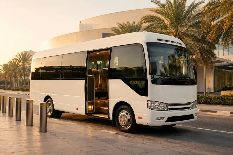 Guests boarding the shared bus at an Abu Dhabi mall pickup point for a desert safari
