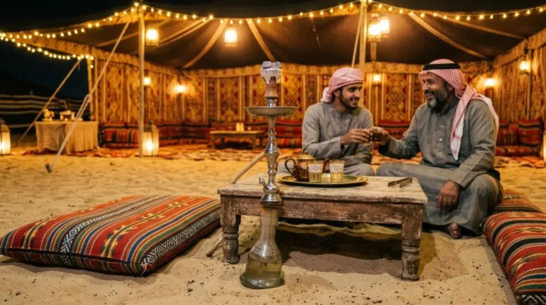 A sheesha pipe beside low cushions while two guests talk at an Abu Dhabi desert camp