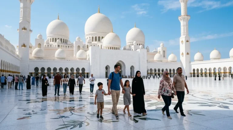Visitors walking across the courtyard of Sheikh Zayed Grand Mosque in Abu Dhabi in daylight