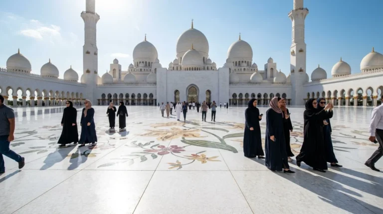Visitors walking beside Sheikh Zayed Grand Mosque in Abu Dhabi