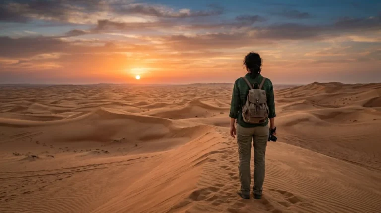 A solo traveller watching the sunset from a dune ridge on an Abu Dhabi desert safari