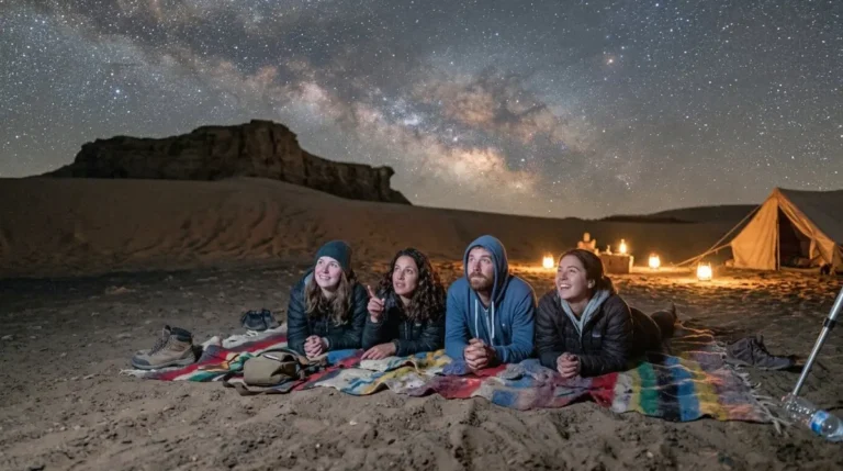 Guests lying on a blanket looking up at a star-filled sky beside an Abu Dhabi desert camp
