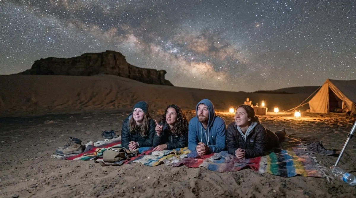 Guests lying on a blanket looking up at a star-filled sky beside an Abu Dhabi desert camp