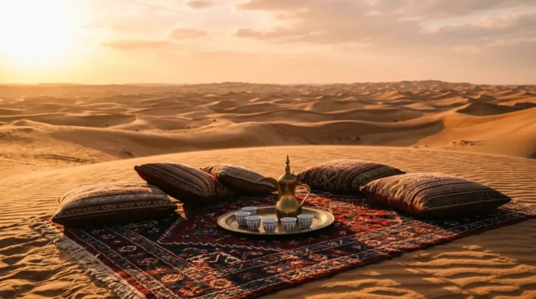 Arabic coffee, cushions and a carpet laid out on the sand at golden hour