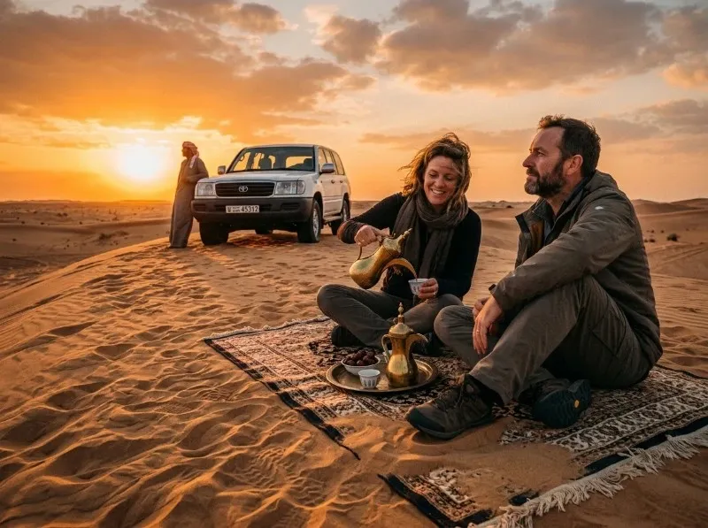 Sunset stop on a dune ridge during an Abu Dhabi desert safari
