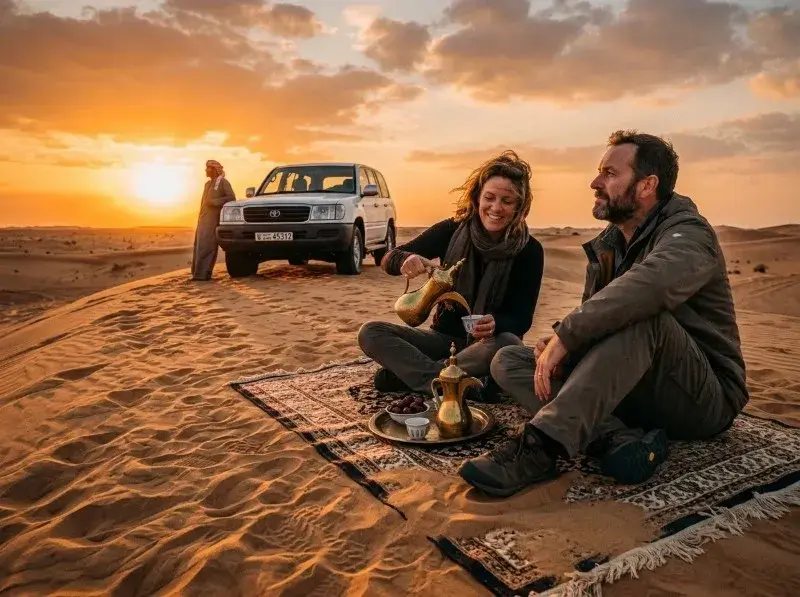 Guests enjoying Arabic coffee on a dune at sunset during a private sundowner dune safari in Abu Dhabi