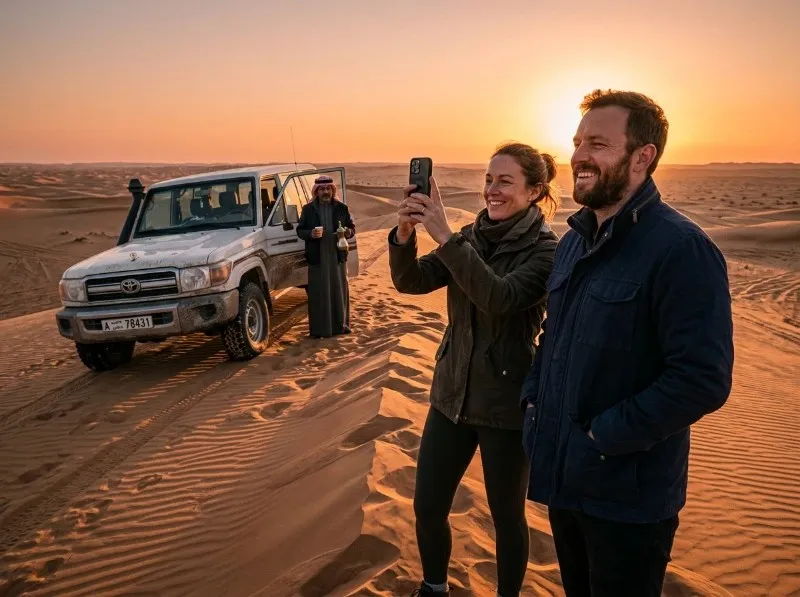 Couple watching the sunrise from a dune crest beside their private 4x4 on a sunrise desert safari in Abu Dhabi