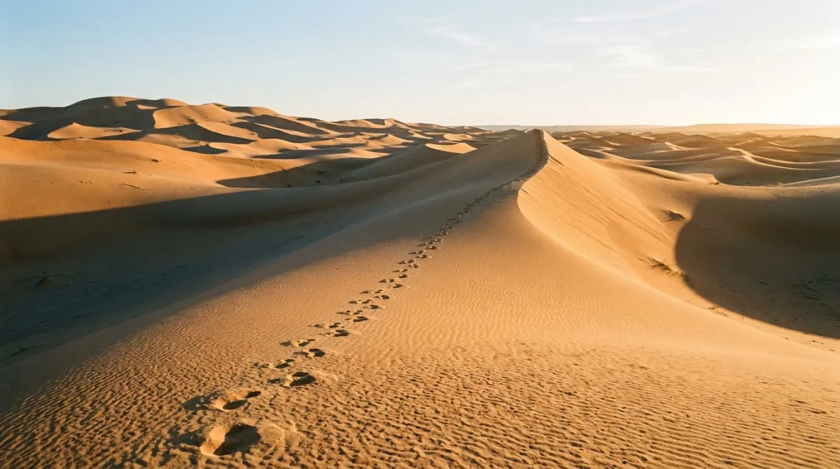 A single line of footprints across empty dunes just after sunrise in the Abu Dhabi desert