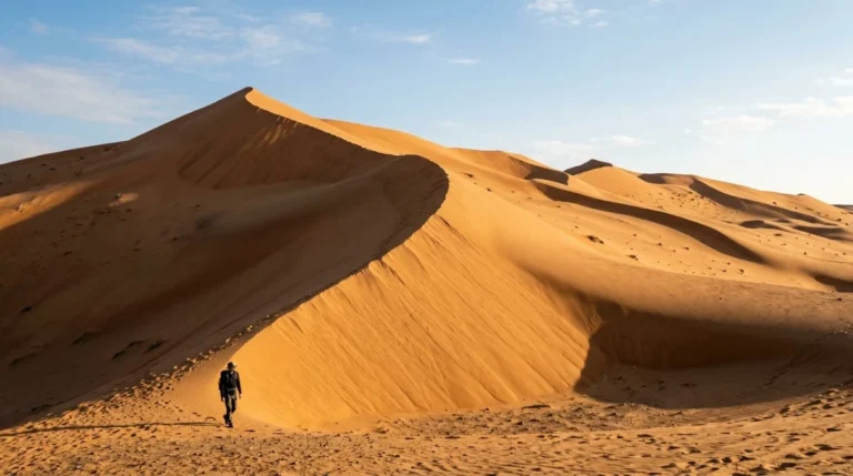 Tall wind-carved dunes at Al Khatim with a person standing at the base for scale
