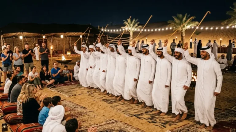 A tanoura dancer performing with a lit skirt while guests watch at a desert camp near Abu Dhabi