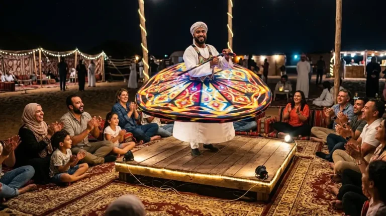 A tanoura dancer mid-spin with his lit skirt flared wide on the stage at an Abu Dhabi desert camp