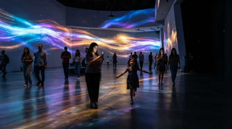 Visitors silhouetted in flowing light at teamLab Phenomena