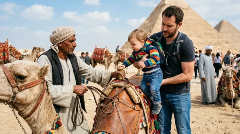 A father lifting a toddler onto a camel while the handler steadies the saddle at an Abu Dhabi desert camp