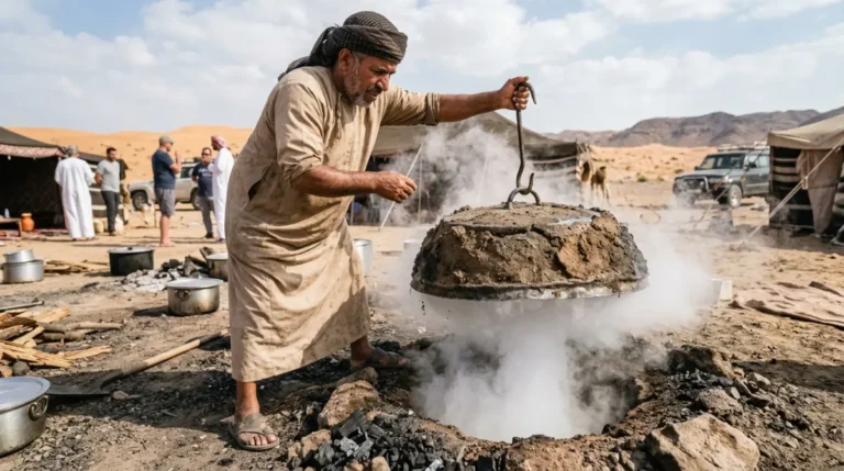 A cook lifting meat from a traditional underground pit at a desert camp near Abu Dhabi