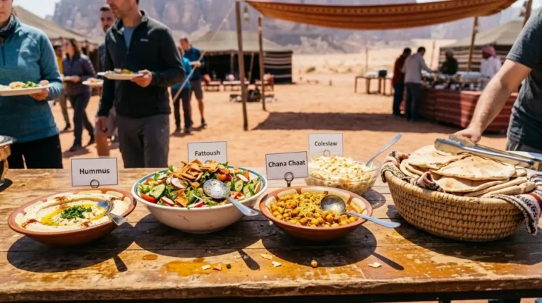 Hummus, fattoush, chana chaat and Arabic bread on the vegetarian side of an Abu Dhabi desert camp buffet
