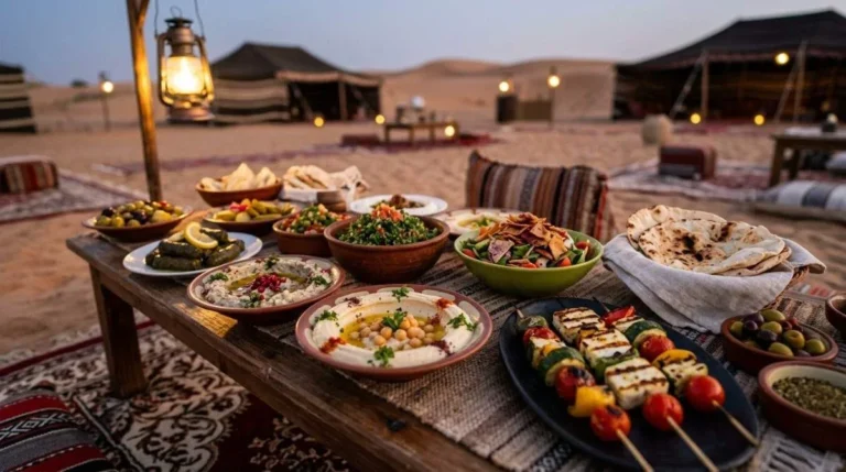 Vegetarian mezze of hummus, salads, grilled vegetables and flatbread at the Abu Dhabi desert camp