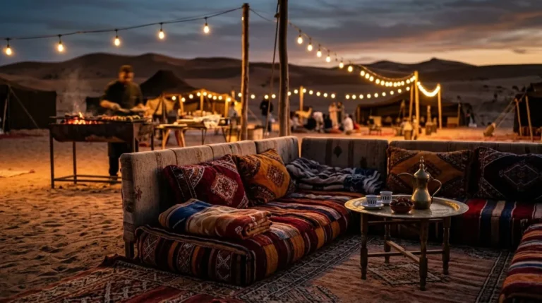 The front-row VIP majlis bay with backed seating beside the live grill at the Abu Dhabi desert camp
