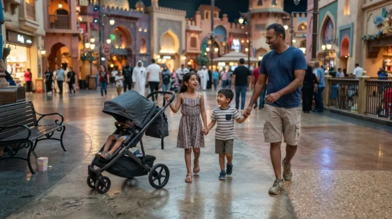 Families in a colourful indoor themed street on Yas Island