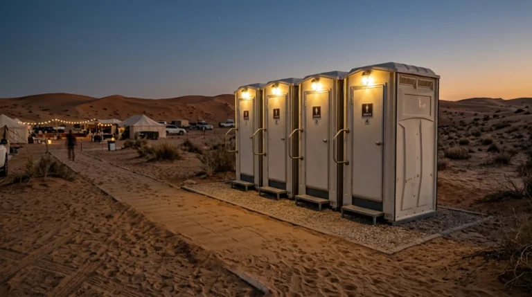 Clean portable washroom units with lights above the doors at the edge of an Abu Dhabi desert camp