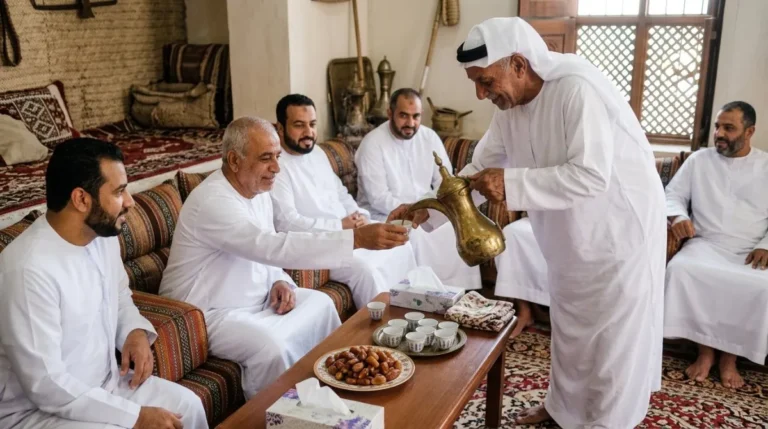 An Emirati host pouring welcome qahwa for guests beside a plate of dates at an Abu Dhabi desert camp