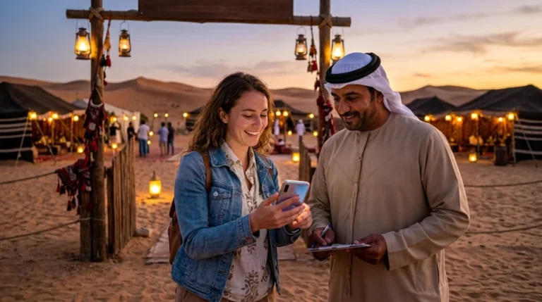 A guest checking in at the desert camp gate with a WhatsApp booking