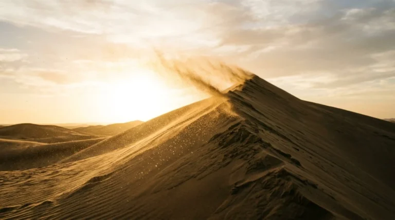 Fine sand blowing off a sharp dune crest with the low sun behind it in the Abu Dhabi desert