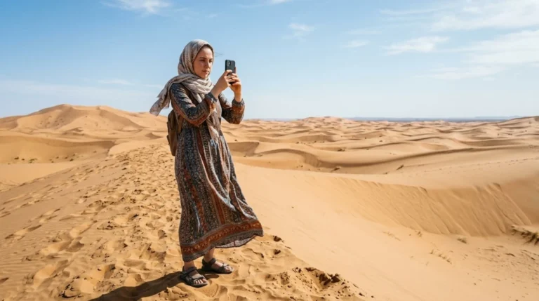A woman in a long dress and headscarf photographing the dunes on her phone during an Abu Dhabi desert safari