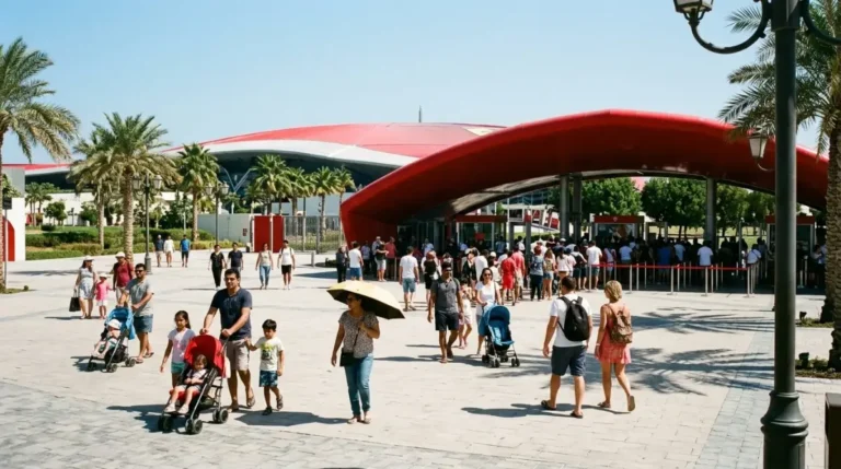 Families walking toward the Yas Island theme parks