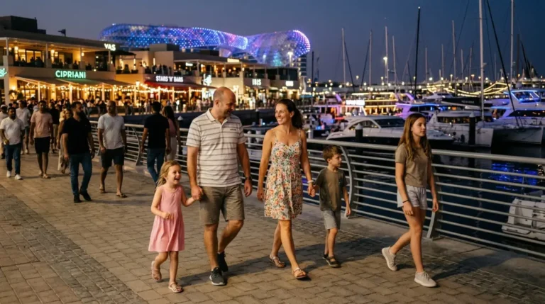 Families walking along the Yas Marina waterfront in Abu Dhabi in the evening